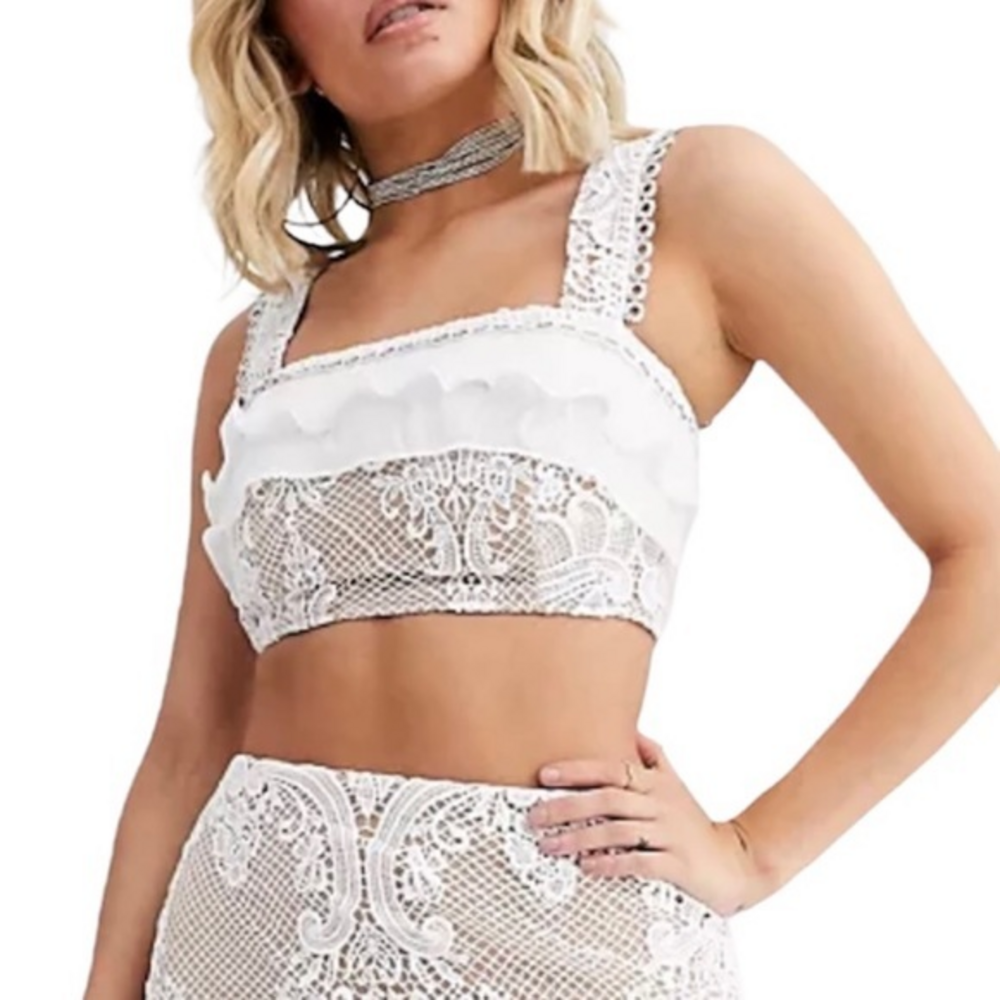 Rare London Limited Edition Nude & White Lace Ruffle Cropped Top‎